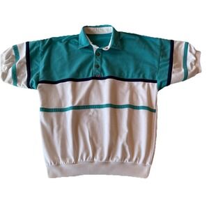 VTG 80s Jordache Sport 1/4 Button Polo Short Sleeve Top White/green/blue L